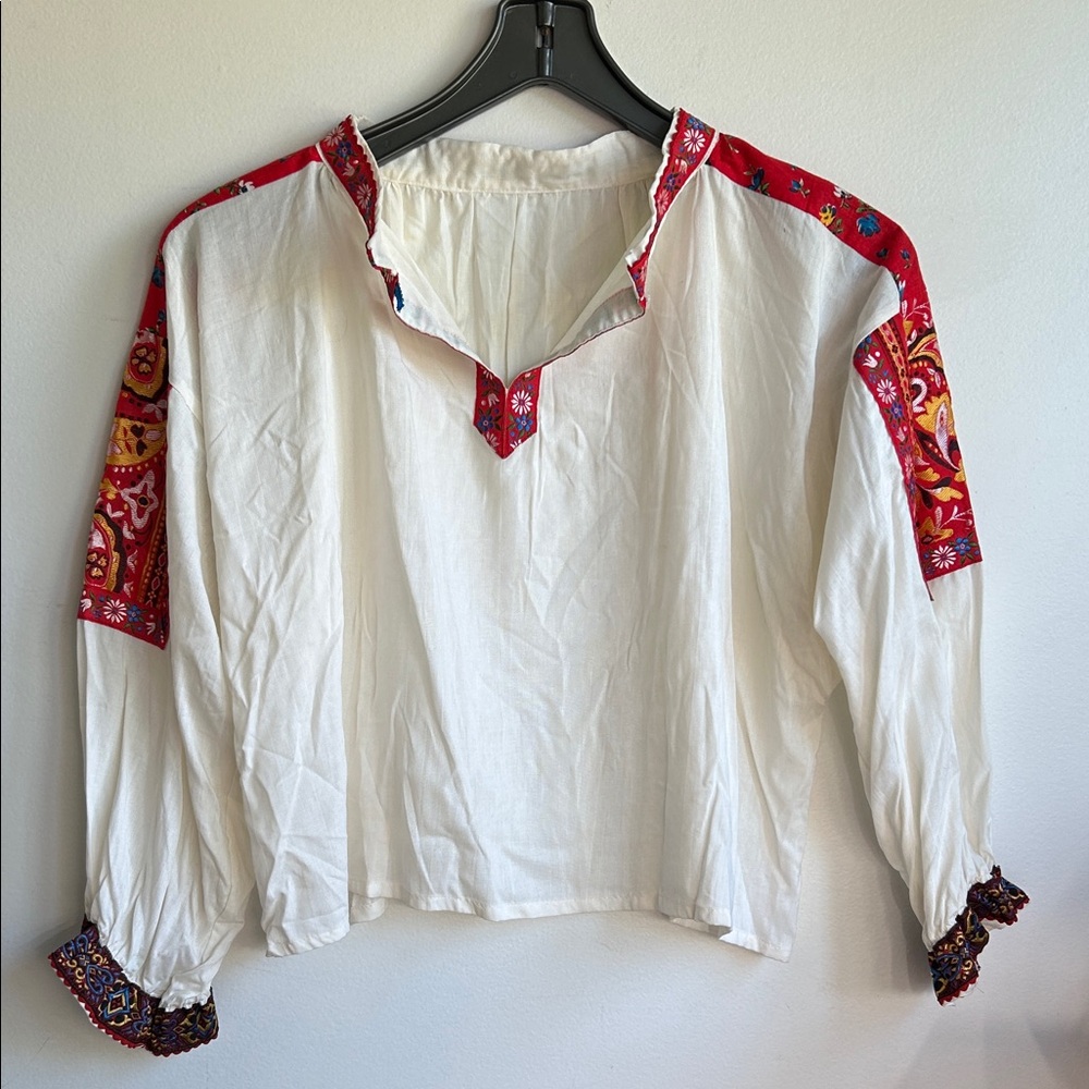 Boho-Inspired White Peasant Blouse with Red Trim